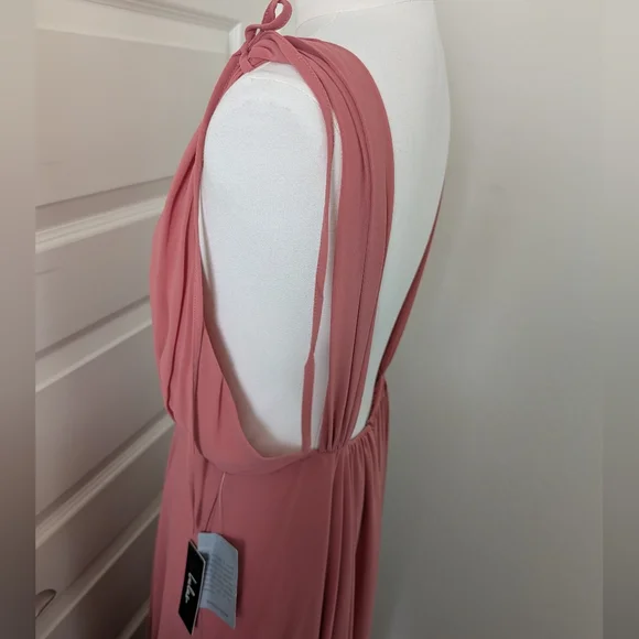 LULUS V Neck Tie Shoulder Plunging Neck Maxi Dress Rusty Rose Color Size XL - Picture 8 of 13